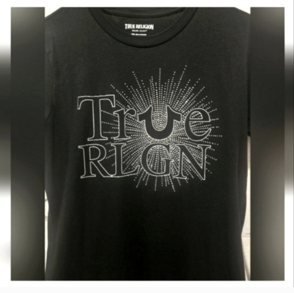 True Religion Women's T Shirt Size Large Black Silver Rhinestones - Picture 3 of 3
